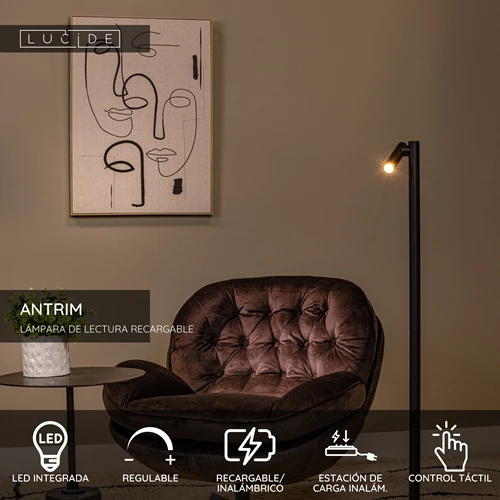 Lucide ANTRIM - Lámpara de lectura Recargable Dentro/Fuera - Batería/acumulador - LED Regul. - 1x2,2W 2700K - IP54 - Con estación de carga inalámbrica - Negro - USP